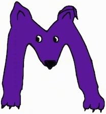 A purple drawn letter M that also looks like a dog