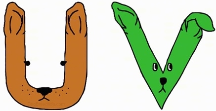 Two drawn letters, a U and a V that also look like dogs. The U is brown and the V is green.