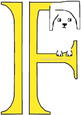 A drawn picture of a dog that is also the letter F