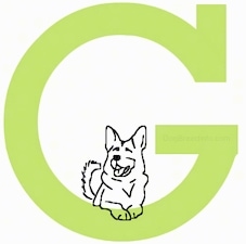 A drawn dog is laying at the base of the letter G