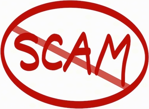 The word SCAM in red with an oval around it and a line through it.