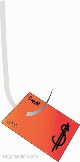 A drawn fishing hook with an orange credit card caught inside the hook.