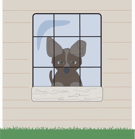 A drawling of a sad brown puppy with tan perk ears looking out the window of a tan house.