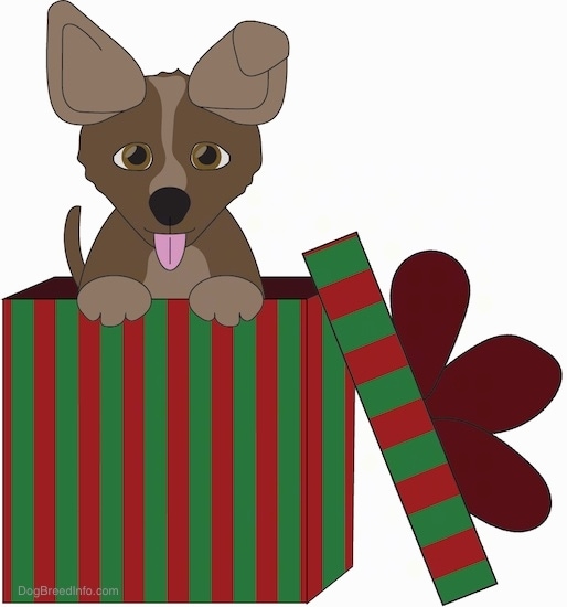 A drawling of a brown and tan puppy with perk ears poking its head out of the top of a wrapped red and green striped box that has a bow on the lid which is laying along the side of the box on the floor. The puppies pink tongue is out, it has brown eyes and little fluffy paws.