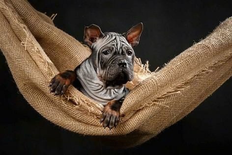 A gray puppy with a lot of extra skin and wrinkles with very short hair, perk ears and large paws laying down in a hammock looking forward with his front paws hanging over the edge. The pup has dark eyes, a square muzzle and a black nose.