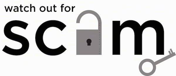A graphic of the words 'watch out for scams' with the lock representing the letter a and an old style lock under the letter m