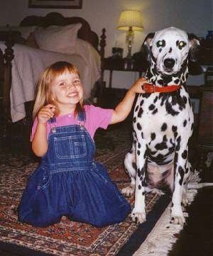 A girl in a pink shirt and blue jean suspenders is sitting on her knees next to a black and white Dalmatian dog. They all are looking forward.