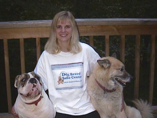 English Bulldog and a Husky/Shepherd mix pose with a lady on a wooden porch.