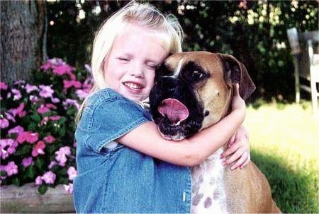 A blonde girl is outside in a yard hugging a brown with white Boxer dog who is flicking its tongue. There are pink flowers behind them.