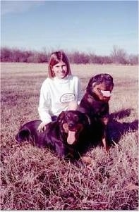 There is a lady in a white sweat shirt sitting in-between a sitting and a laying black and tan Rottweiler in a field brown grass. Both of their mouths are open and tongues are out.