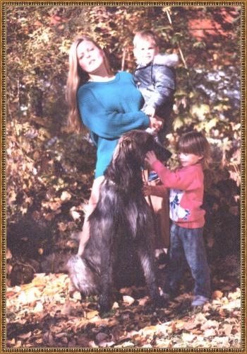 An Irish Wolfhound is sitting in leaves and looking at a childs face. There is a lady in a blue sweater behind them holding a baby.