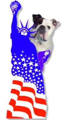 Mugzy the Bulldog is photoshopped on the back of the Statue of Liberty which has an amercian flag overlayed