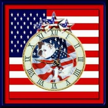 Mugzy the Bulldog photoshopped into an American Flag Clock