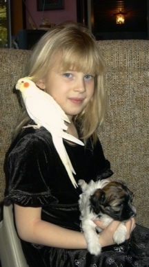 A girl in a black dress is sitting in a chair behind a couch. She has a puppy laying across her lap and on her shoulder is a yellow cockatiel bird.