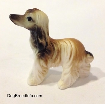 The left side of a white with tan and black tiny vintage bone china Afghan Hound dog figurine. The dog has a long pointy snout and a long coat with black eyes that have a painted black eyebrow.