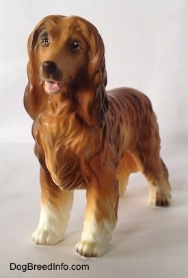 The front right side of a brown with white Vintage porcelain Lefton Japan Afghan Hound dog figurine. The dog has detailed painted eyes, a black noes and a pink mouth. The top of its coat is lighter than the legs that are white.