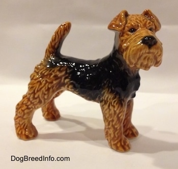 The right side of a shiny, black and brown Vintage Airedale Terrier dog West Germany Goebel figurine with its tail up in the air, a black nose and small v-shaped ears.