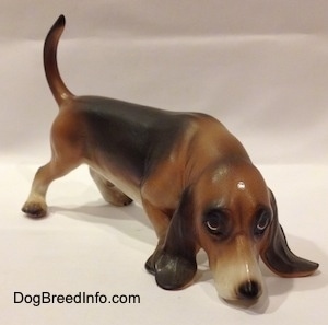 The front right side of a brown and black with white porcelain Basset Hound figurine that is sniffing. The face of the figurine is highly detailed.