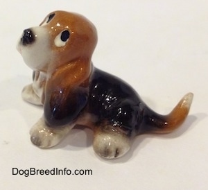 The left side of a black and brown with white ceramic Basset Hound figurine that is looking up. The figurine is glossy.