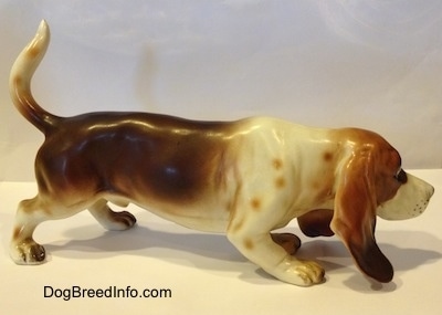 The right side of a brown and white porcelain Basset Hound figurine. The ears of the figurine are very detailed.