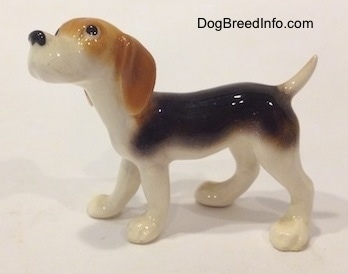 The left side of a black and white with tan miniature Beagle figurine. The figurine is very glossy.