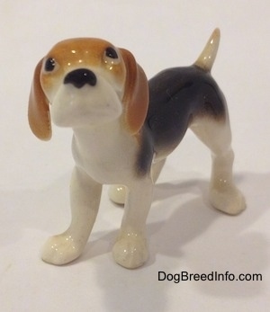 The front left side of a black and white with tan miniature Beagle figurine. The figurine has no mouth.