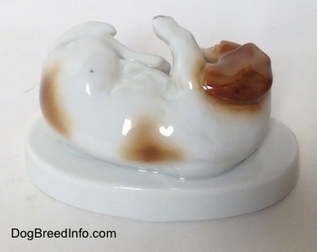 The back of a white with brown and black Beagle puppy figurine. The figurines ear is detailed.
