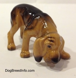 The front right side of a brown and black Hagen Renaker Miniature Bloodhound figurine. The figurine has great paw details. It has a boxy snout and painted black eyes.