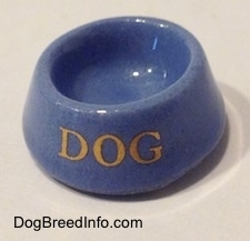 A blue ceramic dog bowl with the word 'DOG' printed in gold letters.
