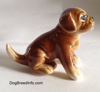 The right side of a brown with white Boxer puppy figurine that is in a sitting pose. The puppy has a full-sized tail.