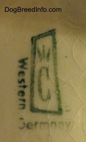 Close up - The stamp of a Contendorf Porcelain Factory on the bottom of a figurine.