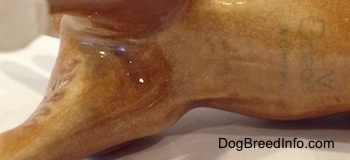 Close up - On the underside of the Bull Terrier figurine that has the logo of Goebel W.Germany.