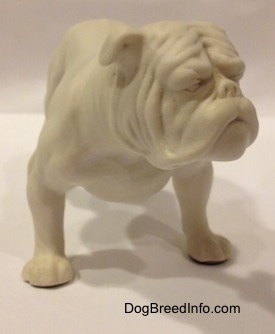 The front right side of a white bisque porcelain Bulldog figurine. The figurine has fine paw details.