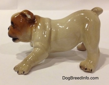The left side of a tan with brown Bulldog puppy figurine that is in a play bow pose. The figurines ears are easy to differentiate from its body.