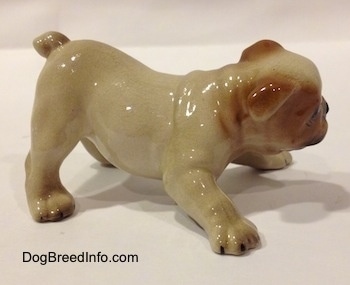The right side of a tan with brown Bulldog puppy figurine that is in a play bow pose. The figurine has a short tail.