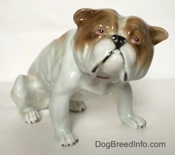 A white with brown Bulldog figurine in a sitting pose. The figurine has pink eyes.