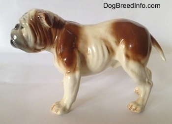 The left side of a brown and white with black Bulldog figurine. The figurine has a small brown tint on its paws.