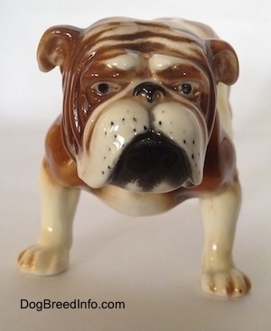 A brown and white Bulldog figurine that has black circles for eyes and black whisker spots.