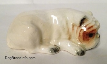 The right side of a miniature white English Bulldog figurine that is in a lying down pose with a brown spot over its left eye. The paws of the figurine are black at the tips.