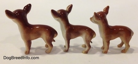 The left side of three different looking ceramic Chihuahua figurines. The figurines are glossy.
