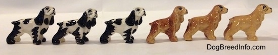 The left side of six color variations of a Cocker Spaniel figurine. The eyes are lightly detailed.