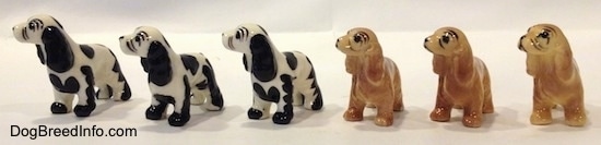 The front left side of six color variations of a Cocker Spaniel figurine.