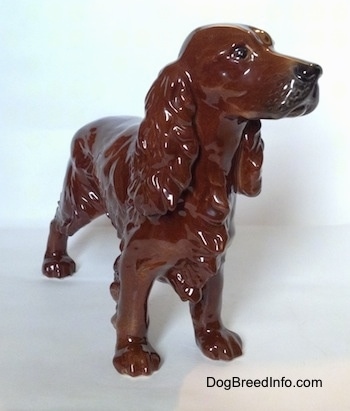 The front right side of a brown with black Cocker Spaniel porcelain figurine. It has a defined snout.
