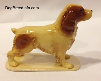 The right side of a tan with brown ceramic Cocker Spaniel figurine. The figurine has fine ear details.