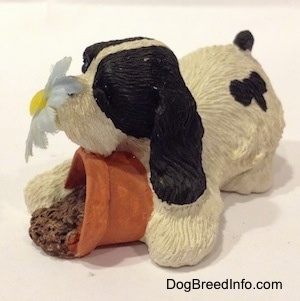 The front left side of a sandicast black and white American Cocker Spaniel that is sniffing a flower out of a knocked over pot figurine. The figurine has fine hair details. The flower is light blue with a yellow center.
