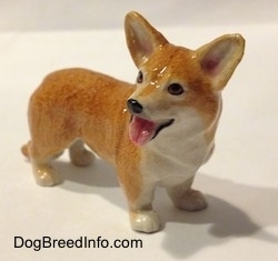 The front right side of a porcelain brown with white Cardigan Welsh Corgi figurine in a standing pose. The figurine has a detailed face.