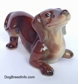 The front right side of brown with white Dachshund figurine in a play bow pose. The figurine has great face details.