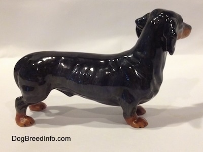 The right side of a black and brown Dachshund figurine. The figurine has short legs.