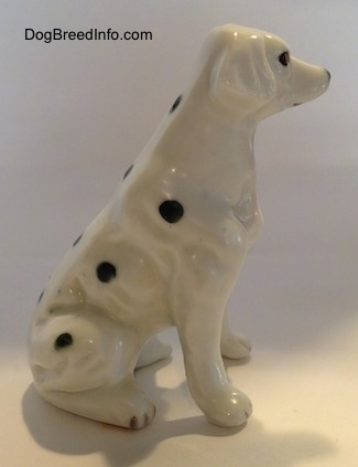 The right side of a figurine that is a Dalmatian puppy in a sitting pose. The figurine lacks fine details in its paws.