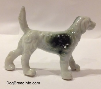 The right side of a black and white English Setter bone china figurine. The figurine has a large black spot on its left side.